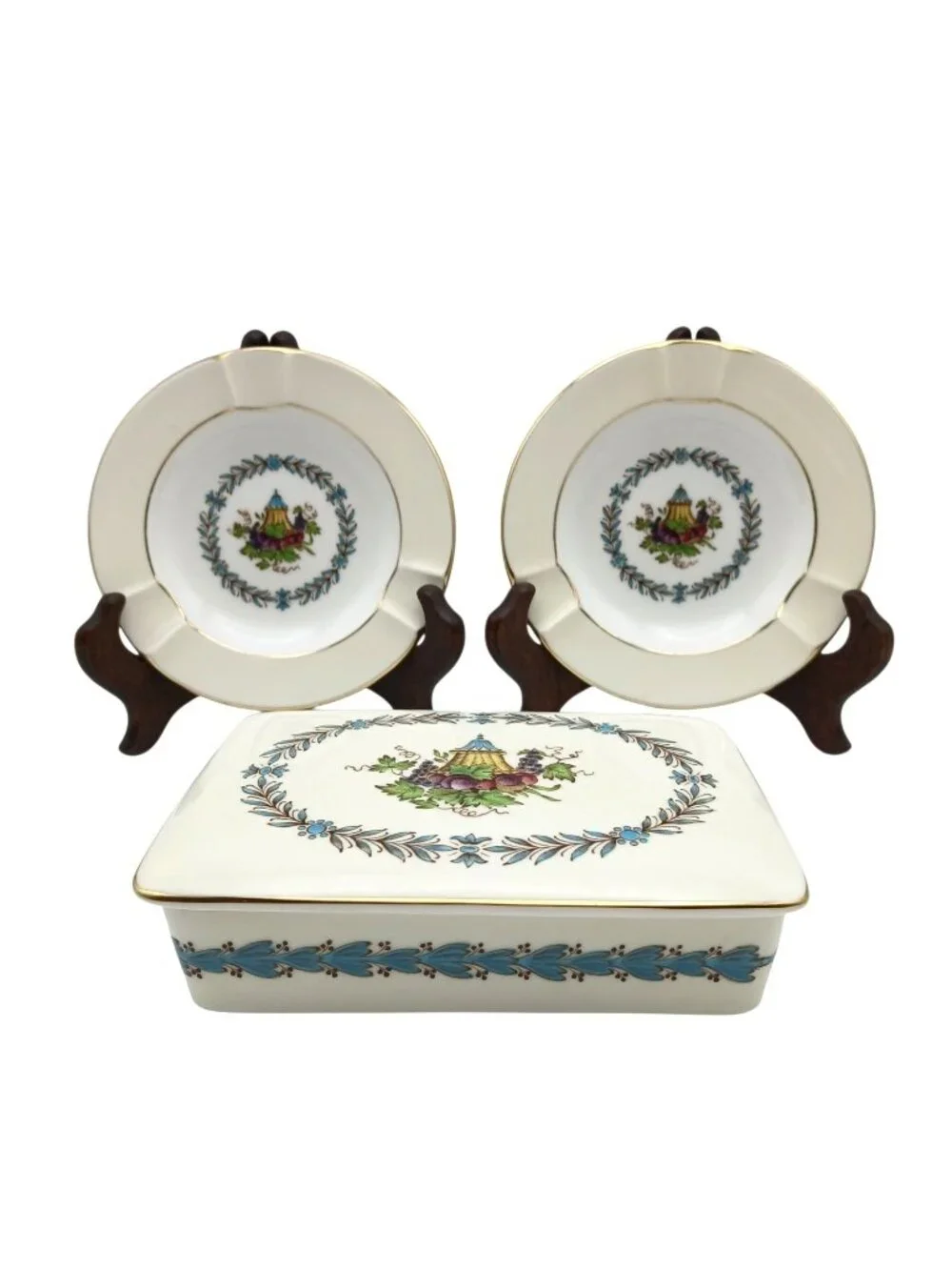 Wedgwood Appledore 3 Pc Cigarette Box Ashtray Set Bone China Gold Trim